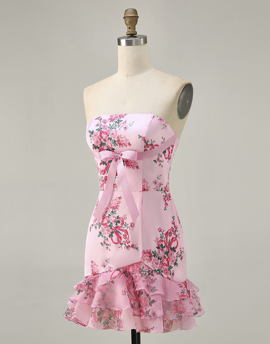 Pink Floral Strapless Bodycon Short Homecoming Dress with Bow