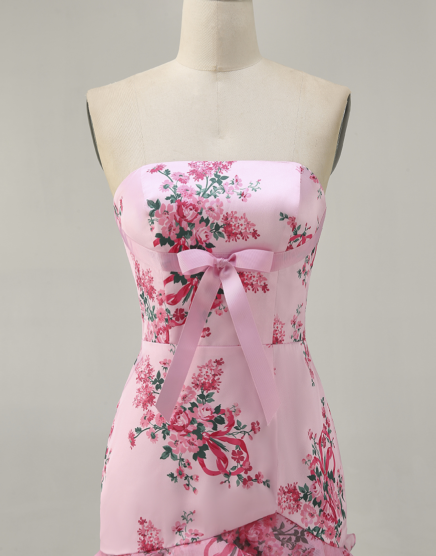 Pink Floral Strapless Bodycon Short Homecoming Dress with Bow