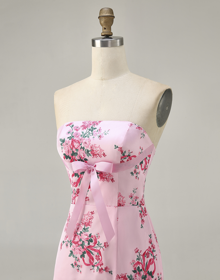 Pink Floral Strapless Bodycon Short Homecoming Dress with Bow