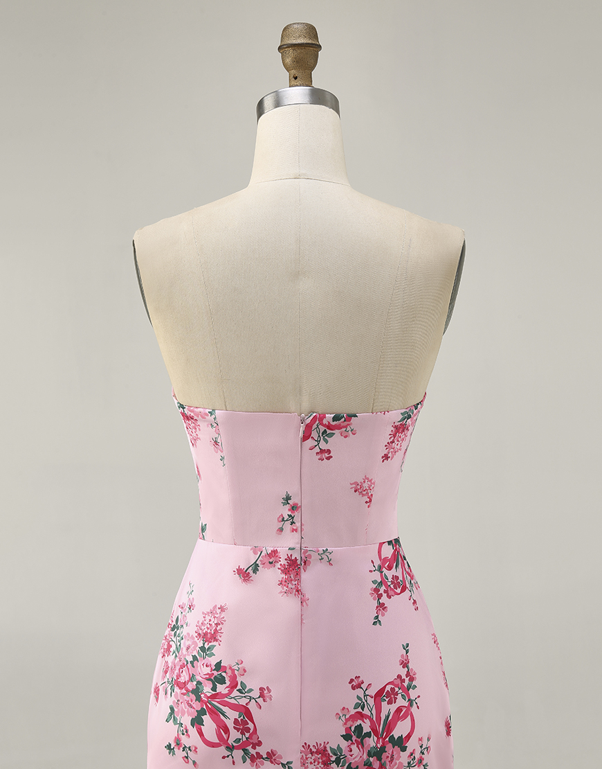 Pink Floral Strapless Bodycon Short Homecoming Dress with Bow