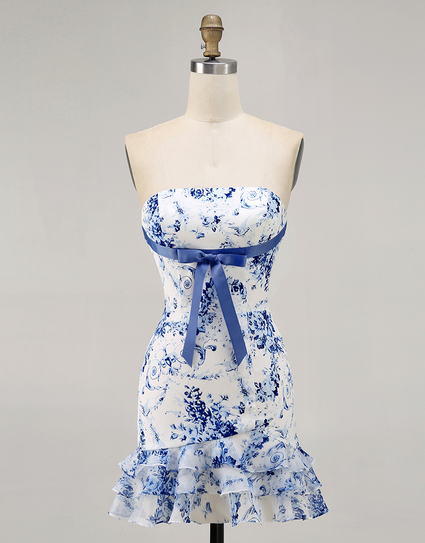 Pink Floral Strapless Bodycon Short Homecoming Dress with Bow