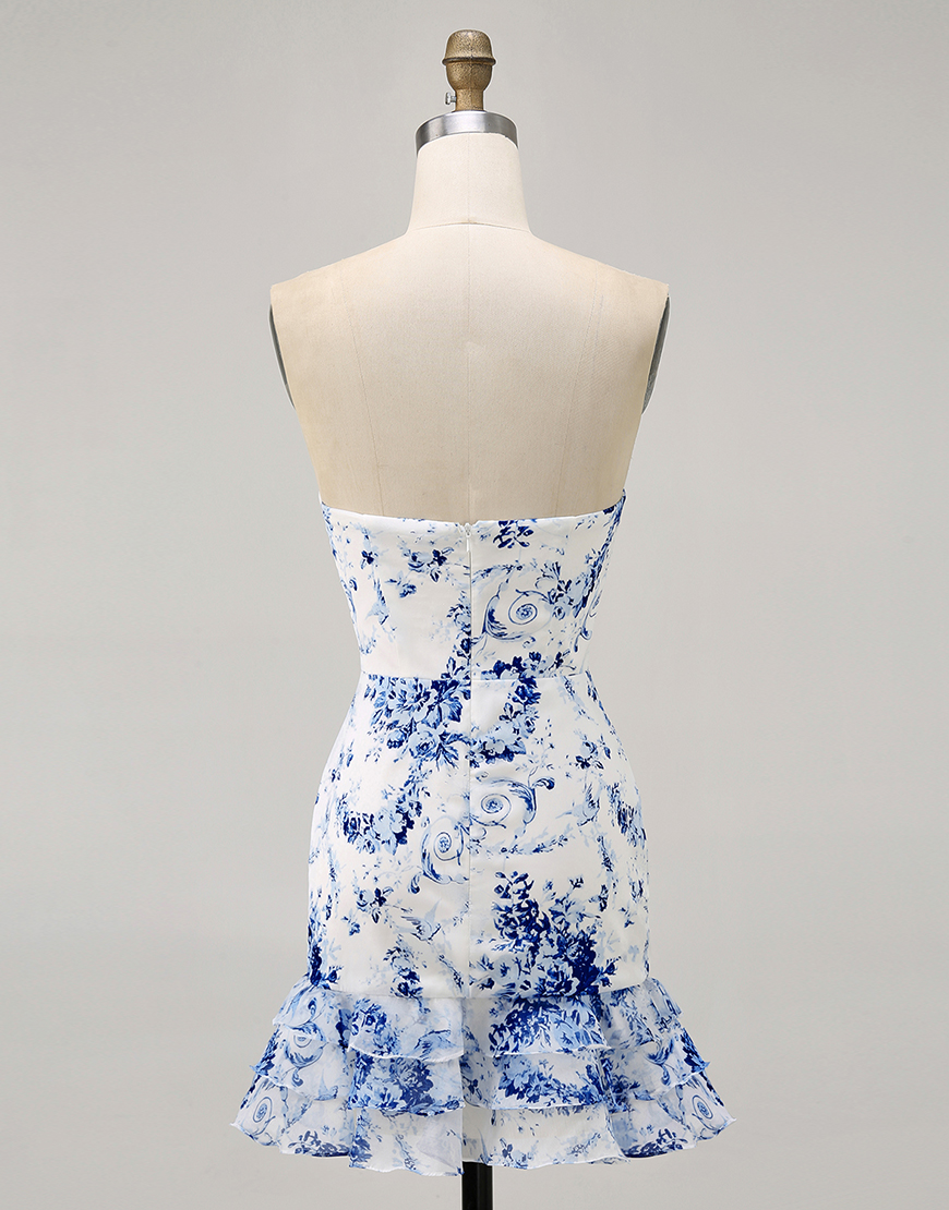 Pink Floral Strapless Bodycon Short Homecoming Dress with Bow