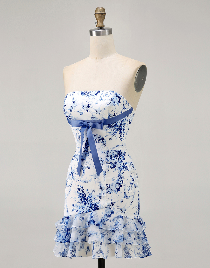 Pink Floral Strapless Bodycon Short Homecoming Dress with Bow