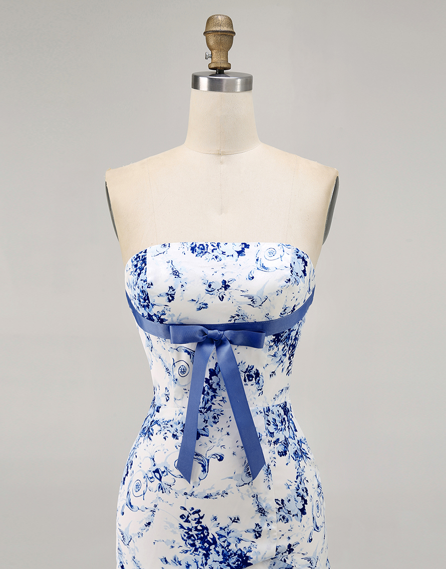 Pink Floral Strapless Bodycon Short Homecoming Dress with Bow