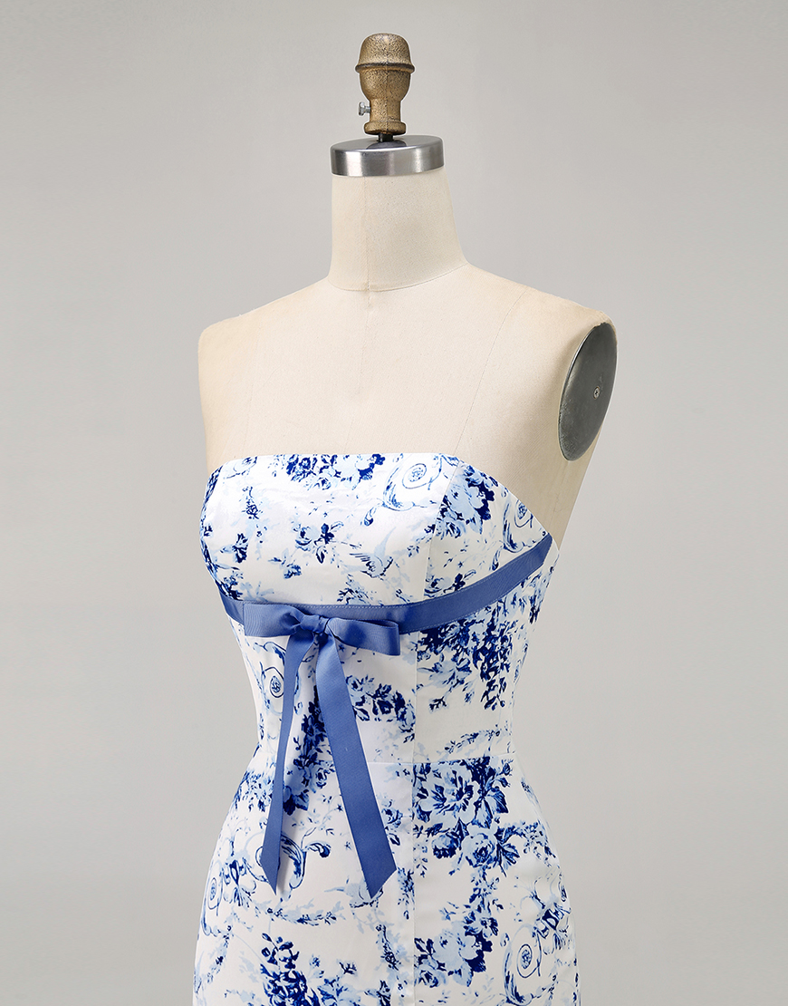 Pink Floral Strapless Bodycon Short Homecoming Dress with Bow