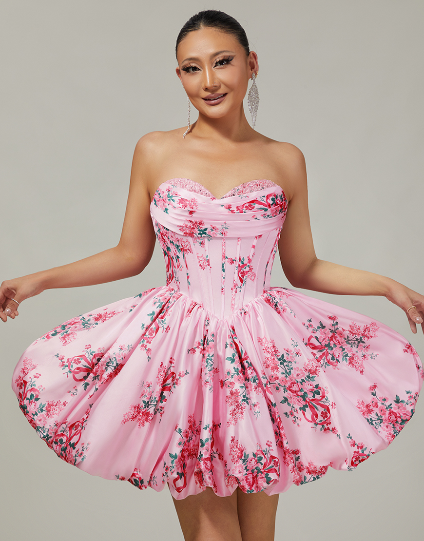 Pink Floral Sweetheart Corset Short A-Line Homecoming Dress
