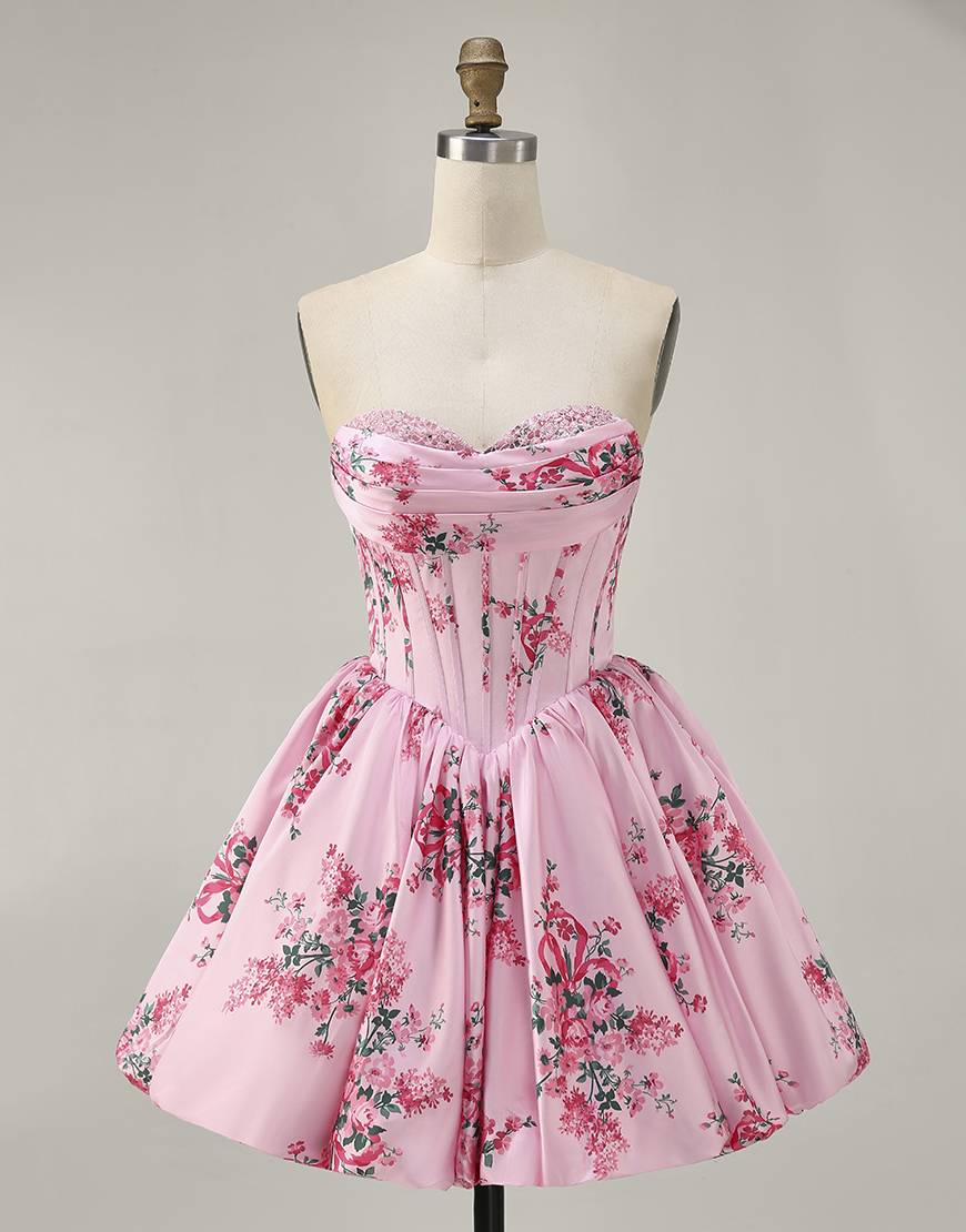 Pink Floral Sweetheart Corset Short A-Line Homecoming Dress
