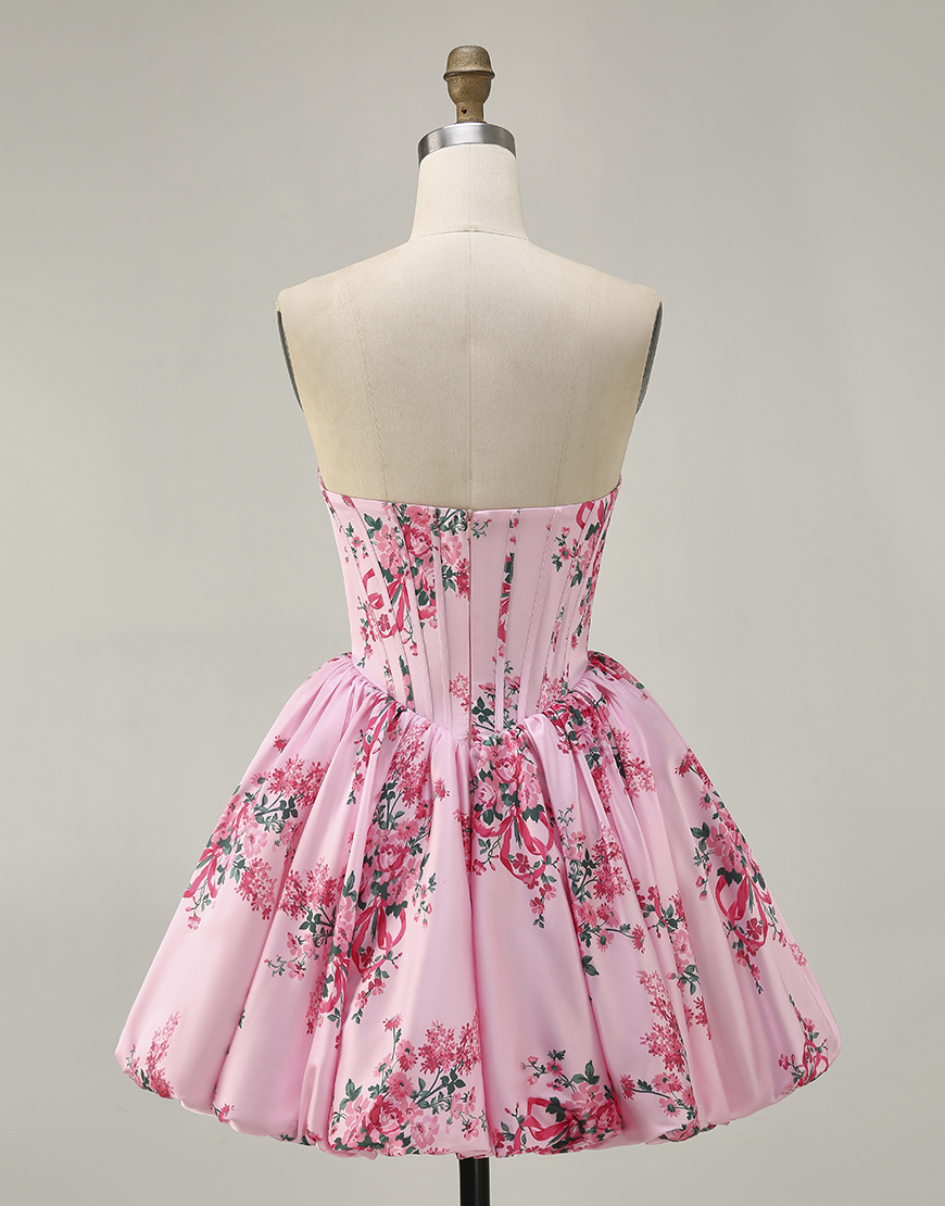 Pink Floral Sweetheart Corset Short A-Line Homecoming Dress