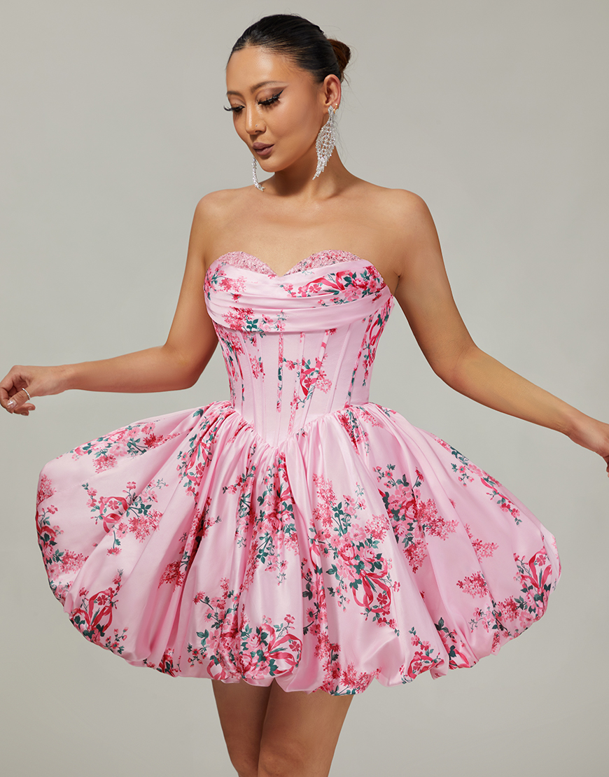 Pink Floral Sweetheart Corset Short A-Line Homecoming Dress