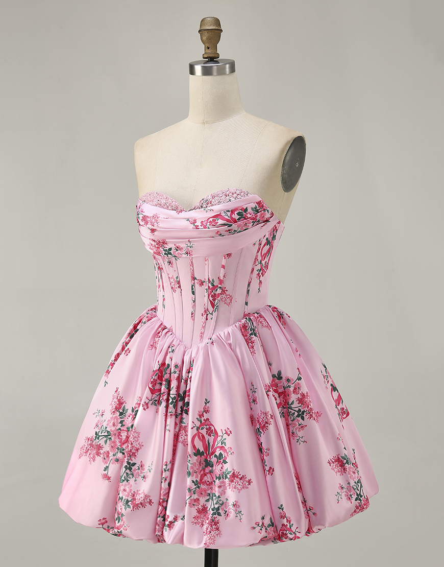 Pink Floral Sweetheart Corset Short A-Line Homecoming Dress