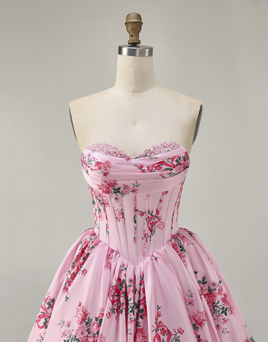 Pink Floral Sweetheart Corset Short A-Line Homecoming Dress