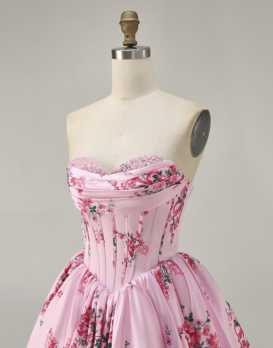 Pink Floral Sweetheart Corset Short A-Line Homecoming Dress