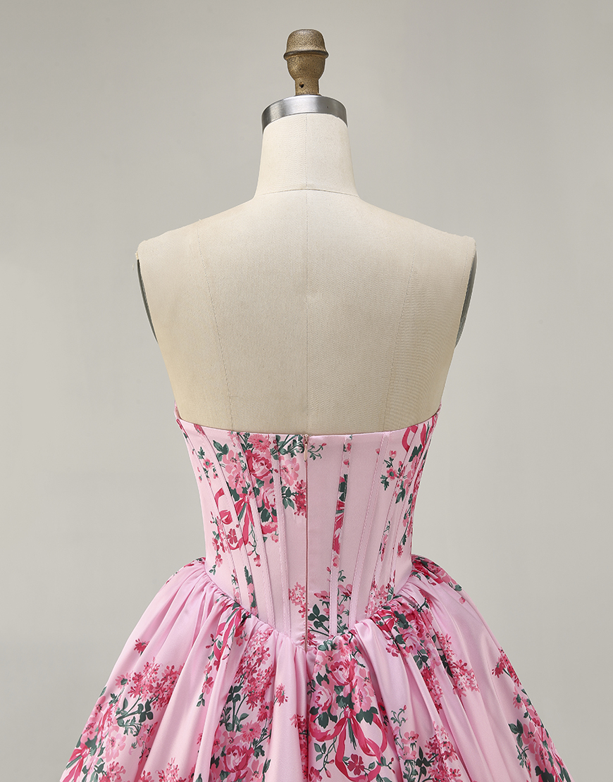 Pink Floral Sweetheart Corset Short A-Line Homecoming Dress