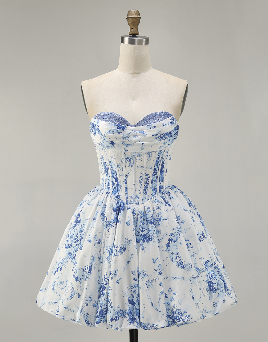 White Blue Floral Sweetheart Corset A-Line Short Homecoming Dress