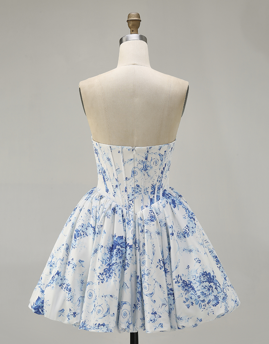 White Blue Floral Sweetheart Corset A-Line Short Homecoming Dress