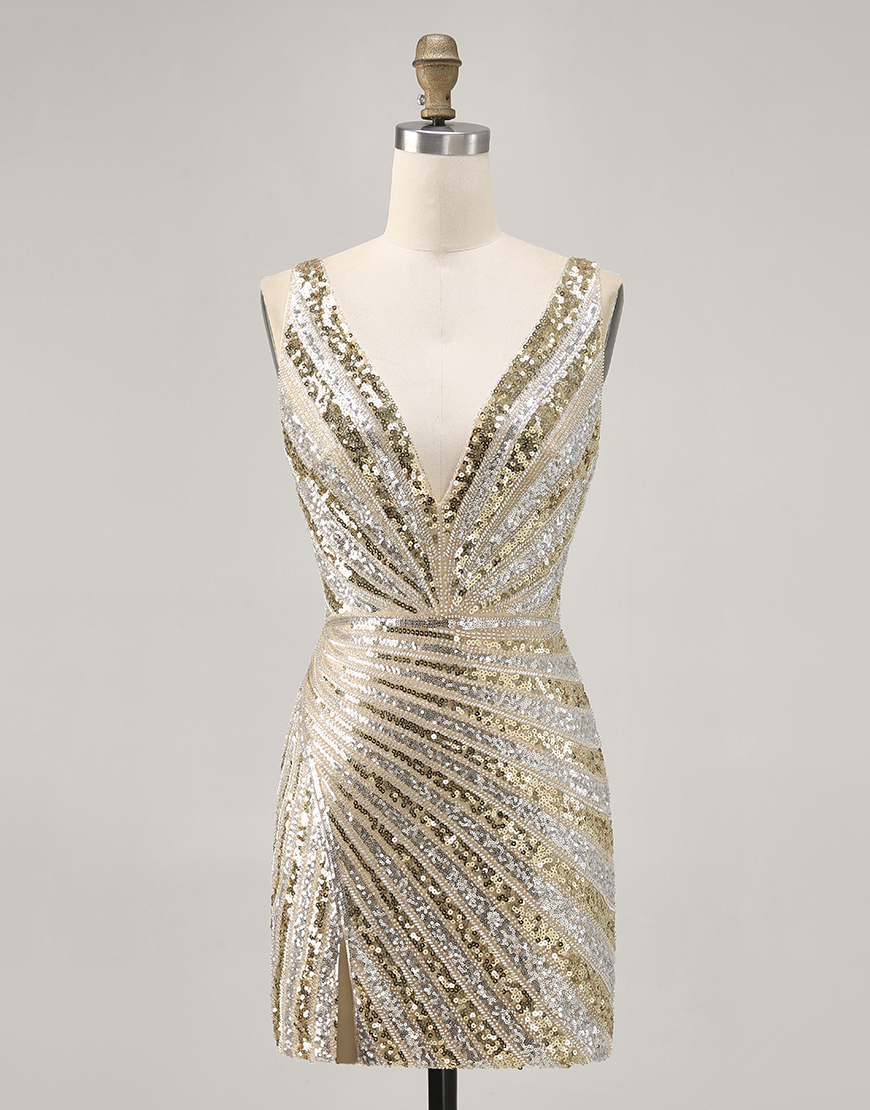Sparkly Golden Tight V-Neck Beaded Short Homecoming Dress