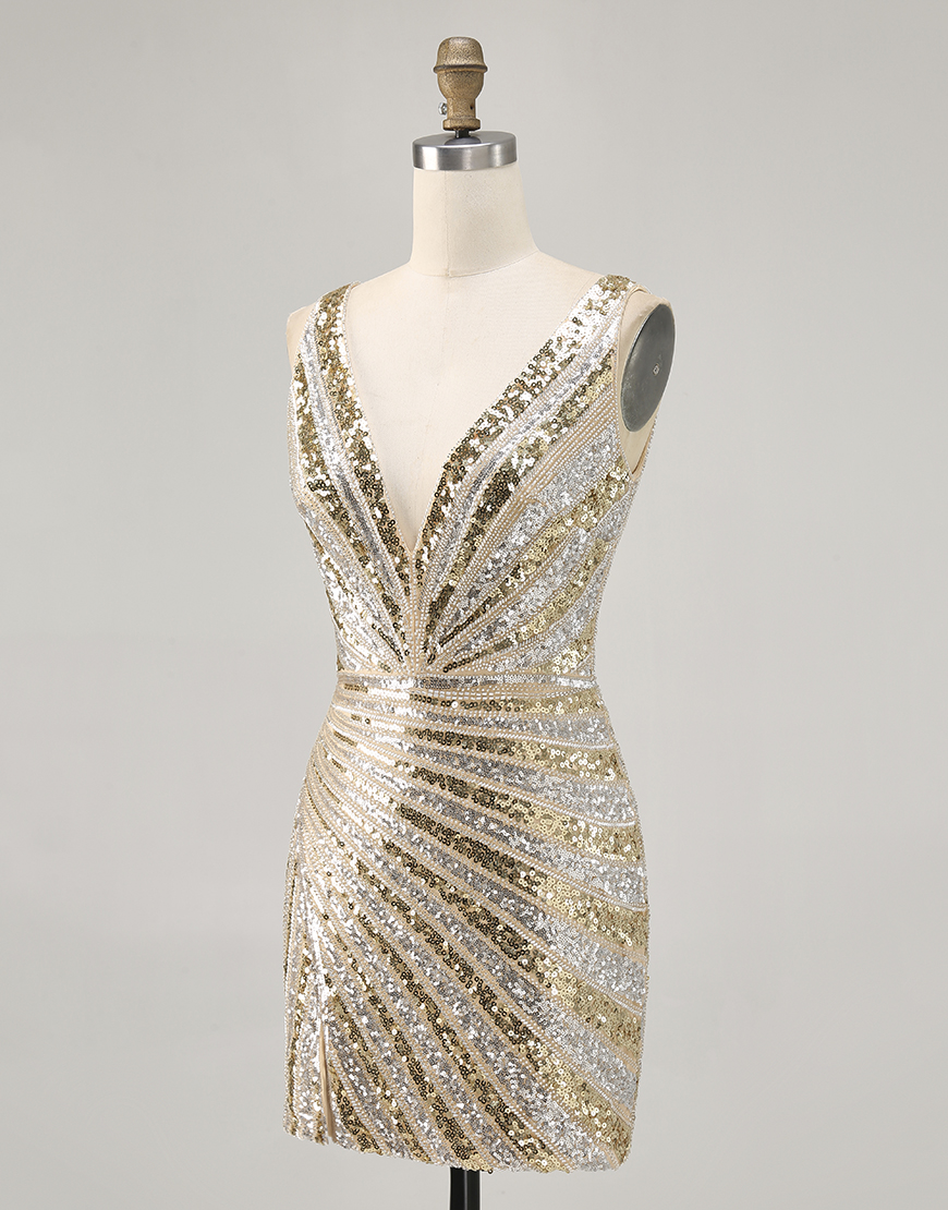 Sparkly Golden Tight V-Neck Beaded Short Homecoming Dress