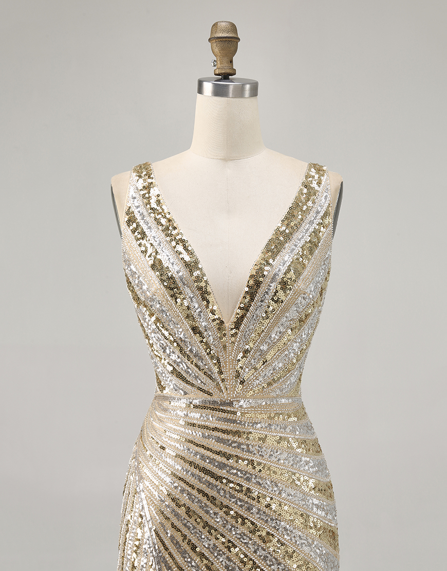Sparkly Golden Tight V-Neck Beaded Short Homecoming Dress