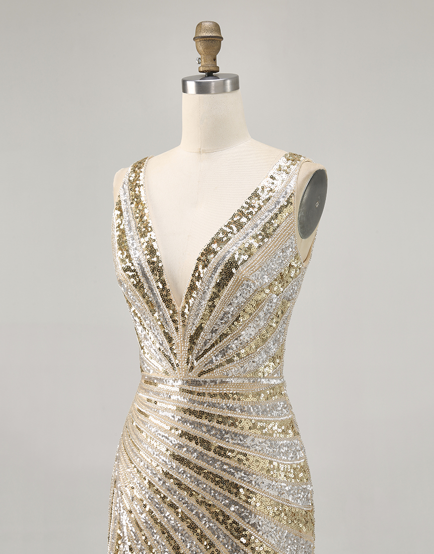 Sparkly Golden Tight V-Neck Beaded Short Homecoming Dress