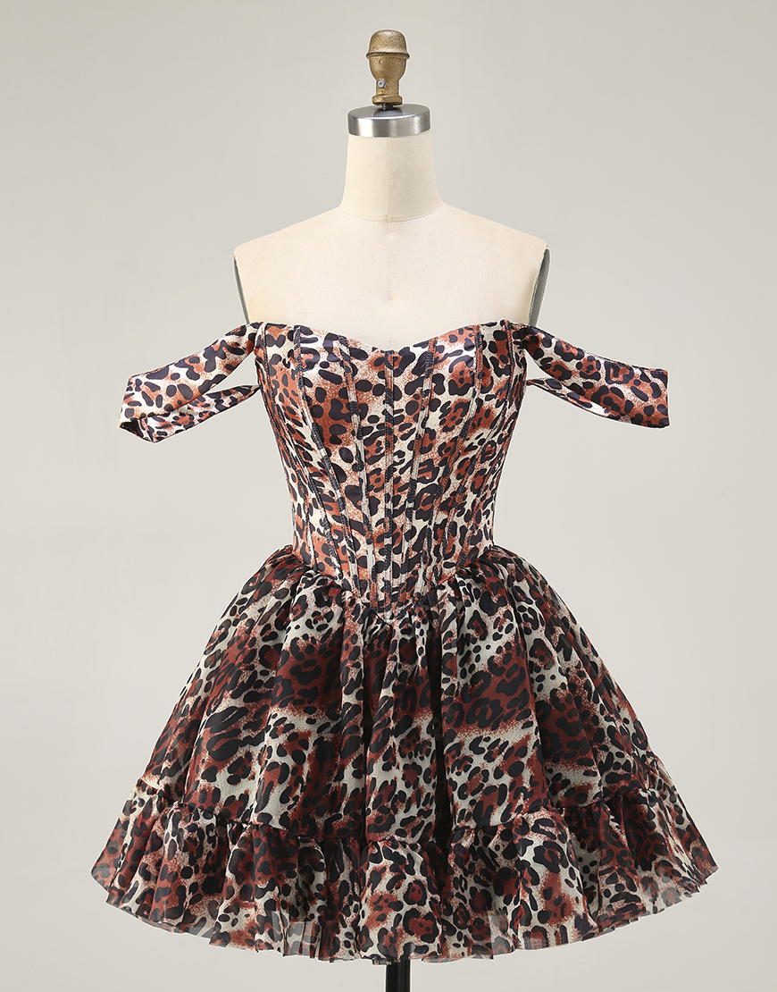 Khaki Cheetah Print Off the Shoulder Short Corset Homecoming Dress