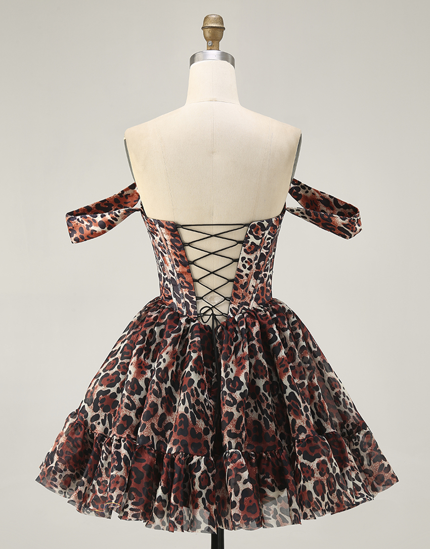 Khaki Cheetah Print Off the Shoulder Short Corset Homecoming Dress