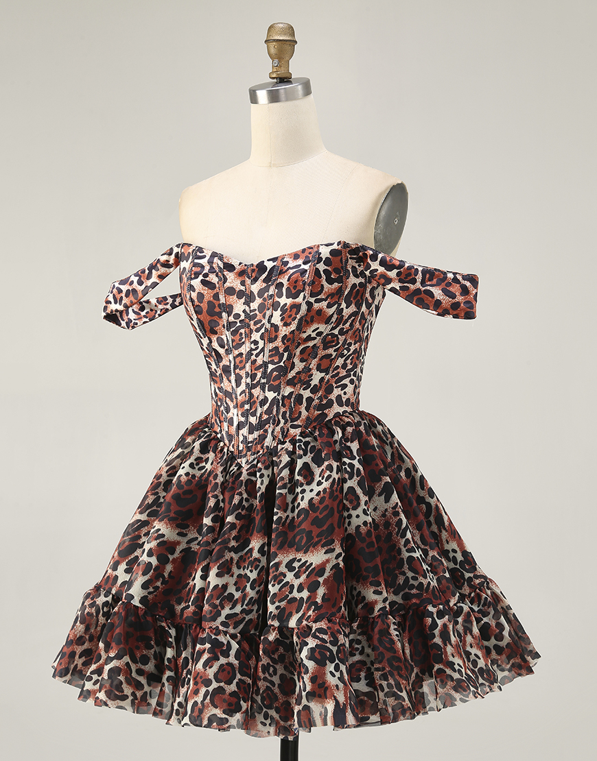 Khaki Cheetah Print Off the Shoulder Short Corset Homecoming Dress