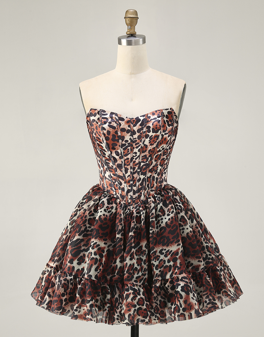 Khaki Cheetah Print Off the Shoulder Short Corset Homecoming Dress
