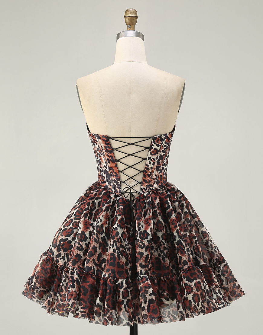 Khaki Cheetah Print Off the Shoulder Short Corset Homecoming Dress