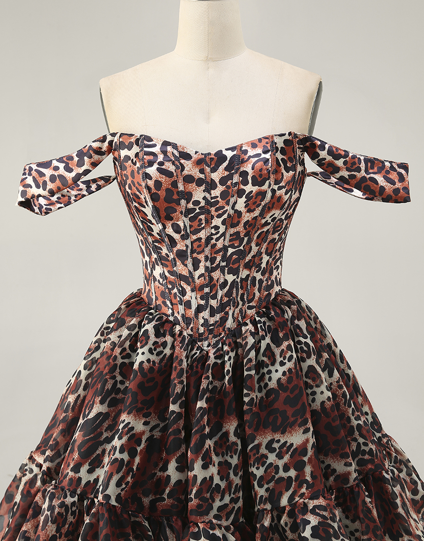 Khaki Cheetah Print Off the Shoulder Short Corset Homecoming Dress