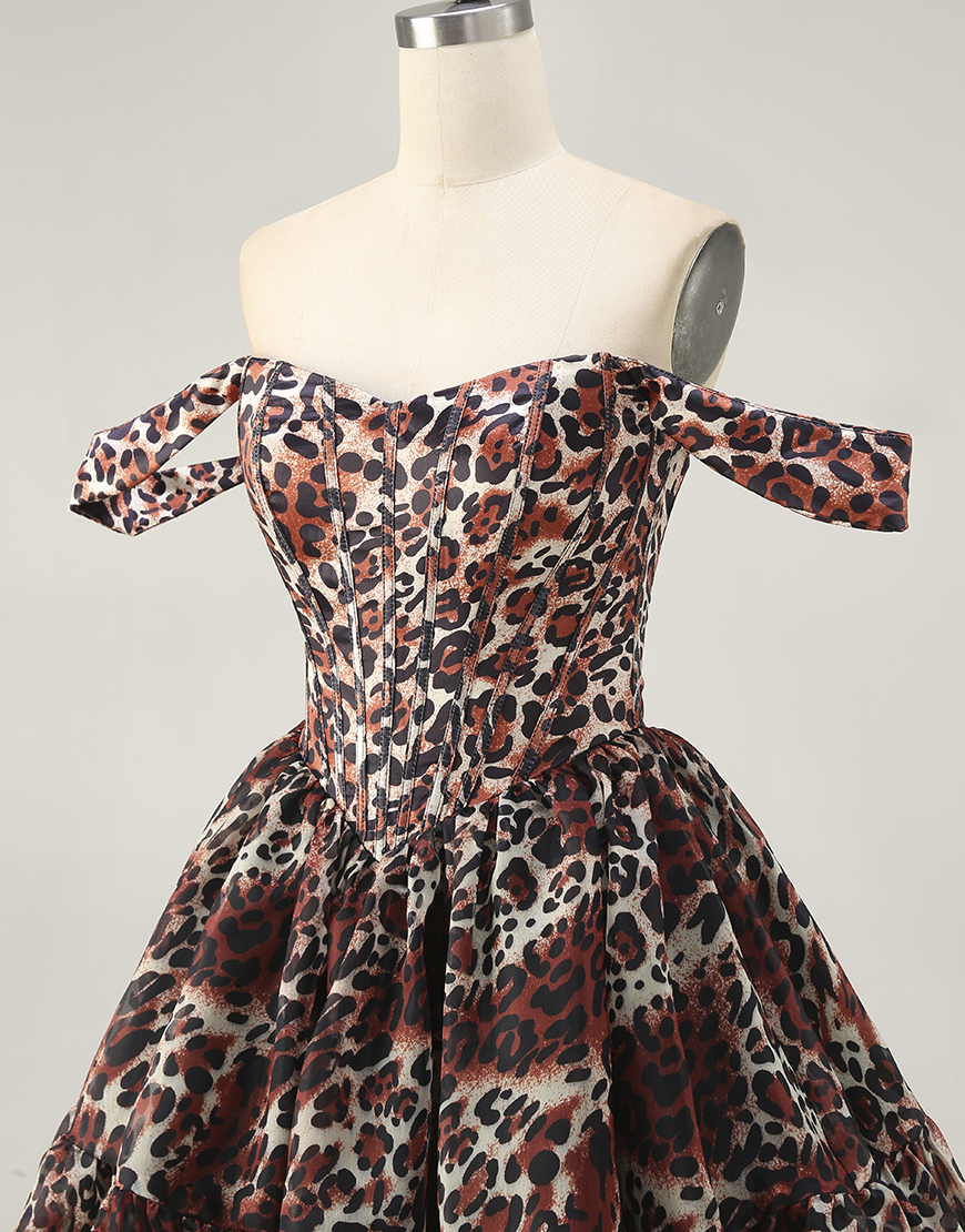 Khaki Cheetah Print Off the Shoulder Short Corset Homecoming Dress