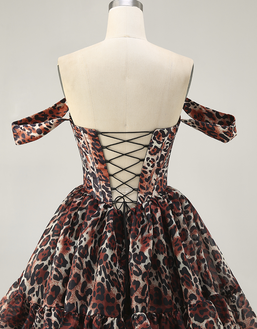 Khaki Cheetah Print Off the Shoulder Short Corset Homecoming Dress