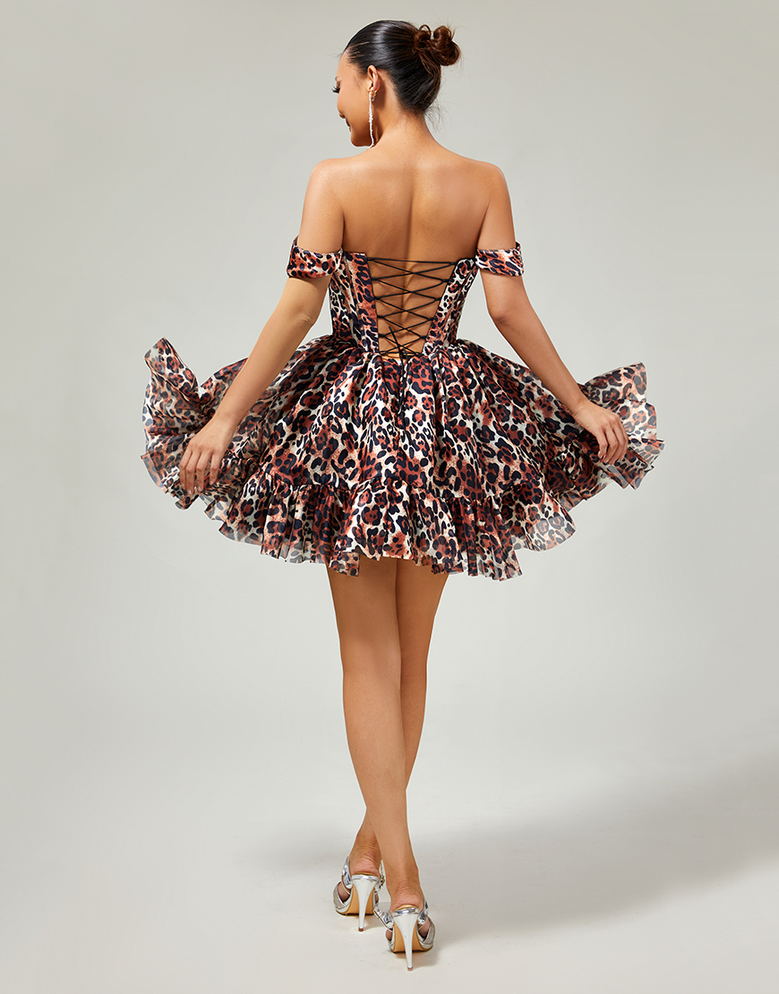 Khaki Cheetah Print Off the Shoulder Short Corset Homecoming Dress