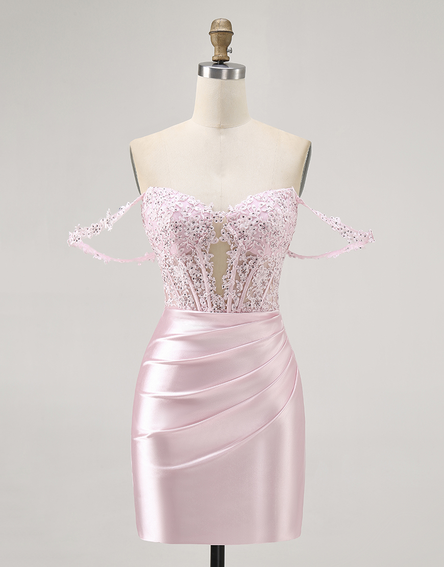 Sparkly Pink Short Corset Beaded Homecoming Dress with Lace