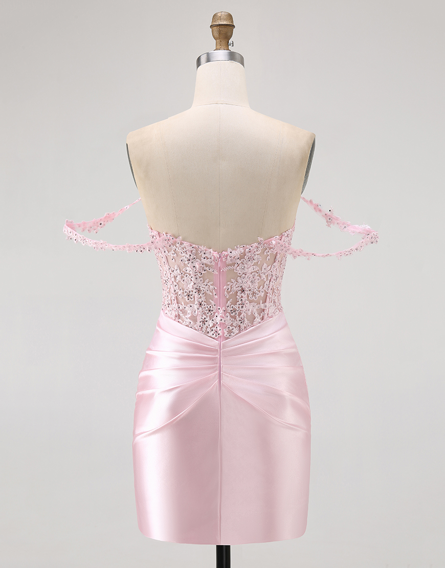 Sparkly Pink Short Corset Beaded Homecoming Dress with Lace