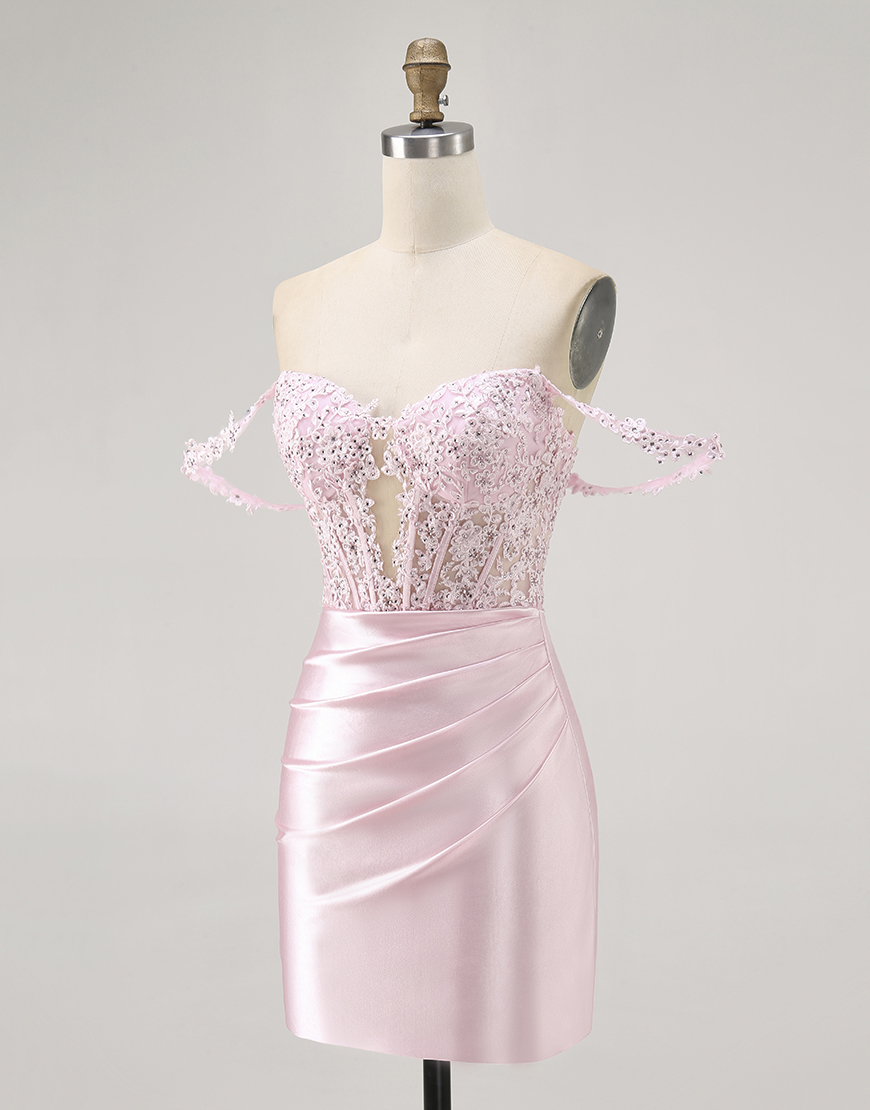 Sparkly Pink Short Corset Beaded Homecoming Dress with Lace