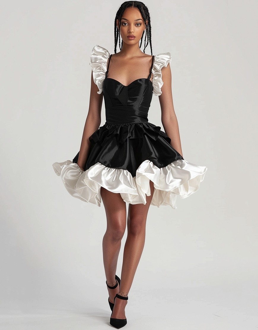 Black Tiered A Line Satin Short Cocktail Dress with Ruffles