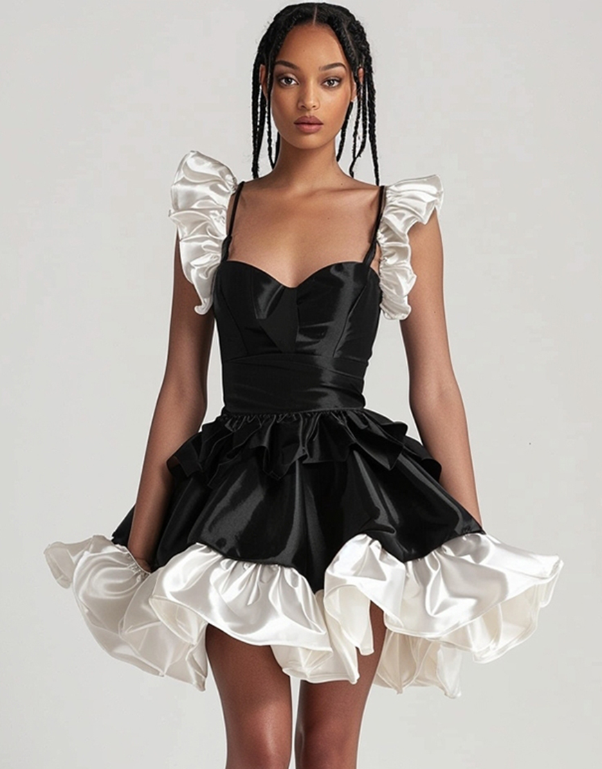 Black Tiered A Line Satin Short Cocktail Dress with Ruffles