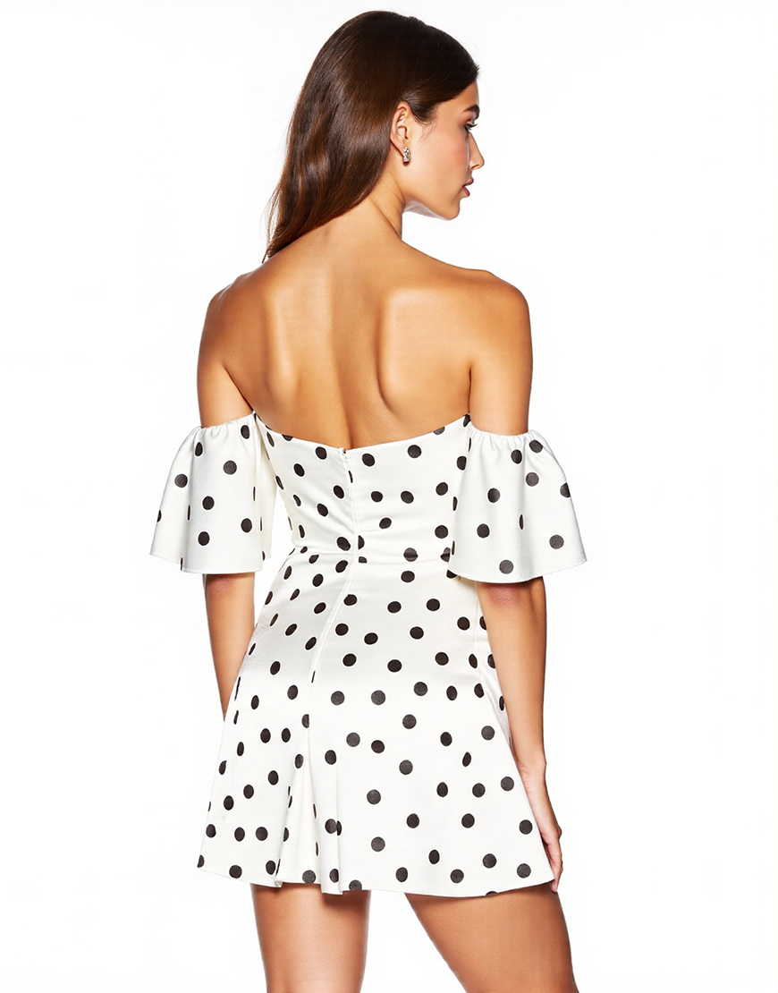 White and Black Ruffled Off the Shoulder Tight Short Polka Dot Dress with Slit