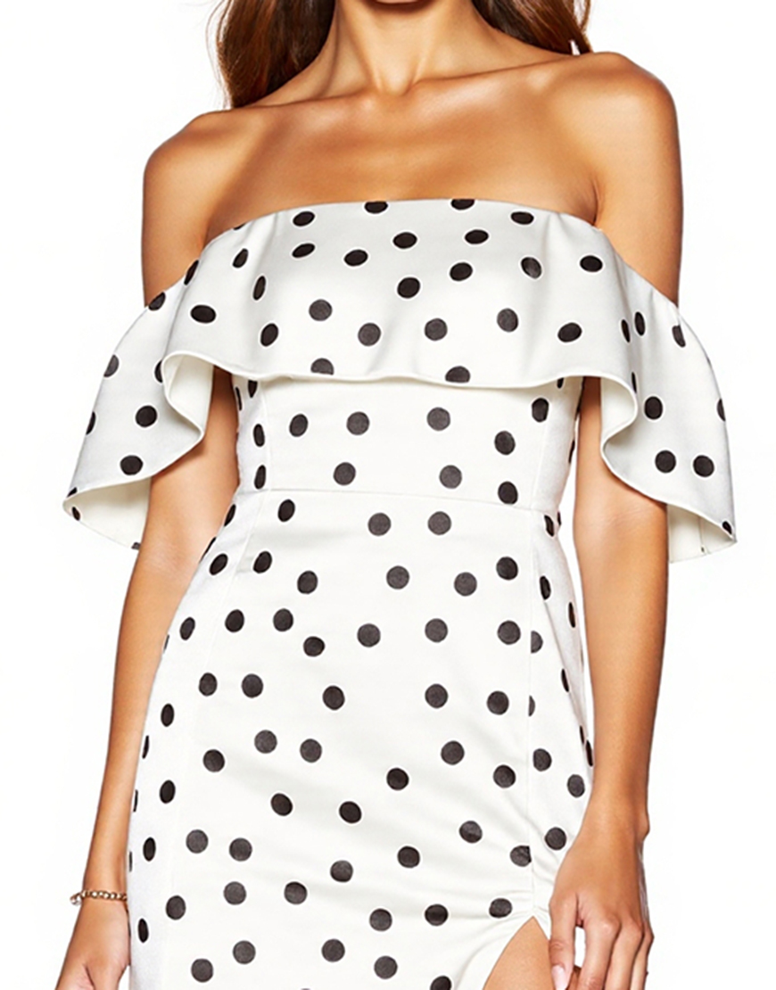 White and Black Ruffled Off the Shoulder Tight Short Polka Dot Dress with Slit