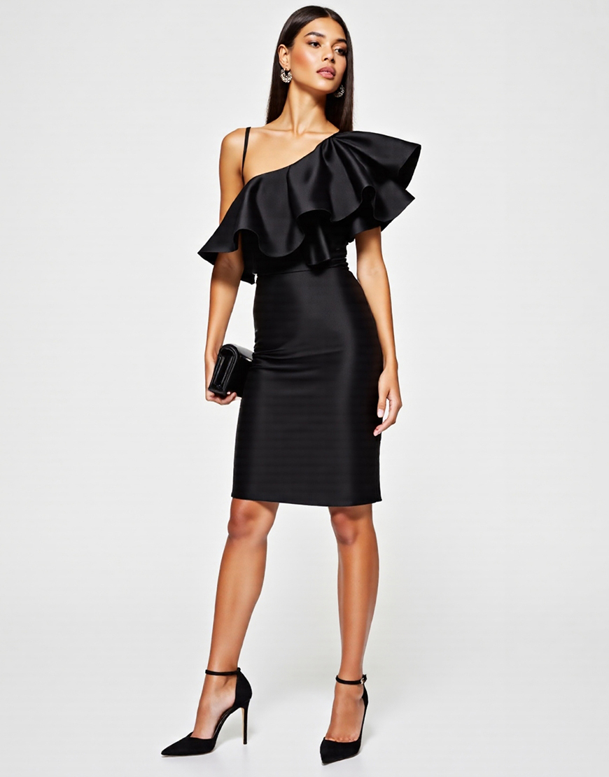 Black Tight One Shoulder Satin Short Cocktail Dress with Ruffles