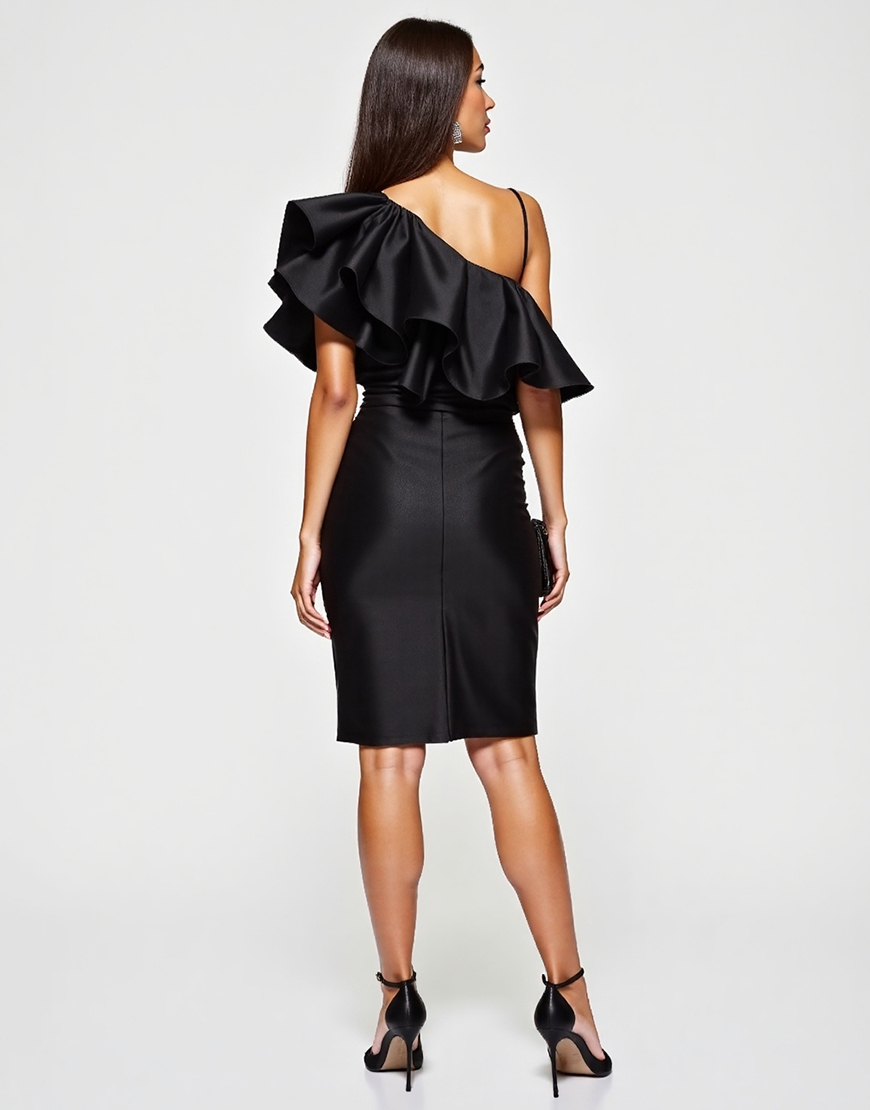 Black Tight One Shoulder Satin Short Cocktail Dress with Ruffles