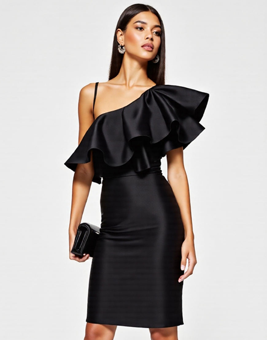 Black Tight One Shoulder Satin Short Cocktail Dress with Ruffles