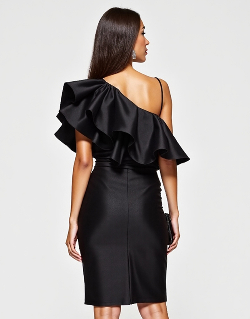 Black Tight One Shoulder Satin Short Cocktail Dress with Ruffles