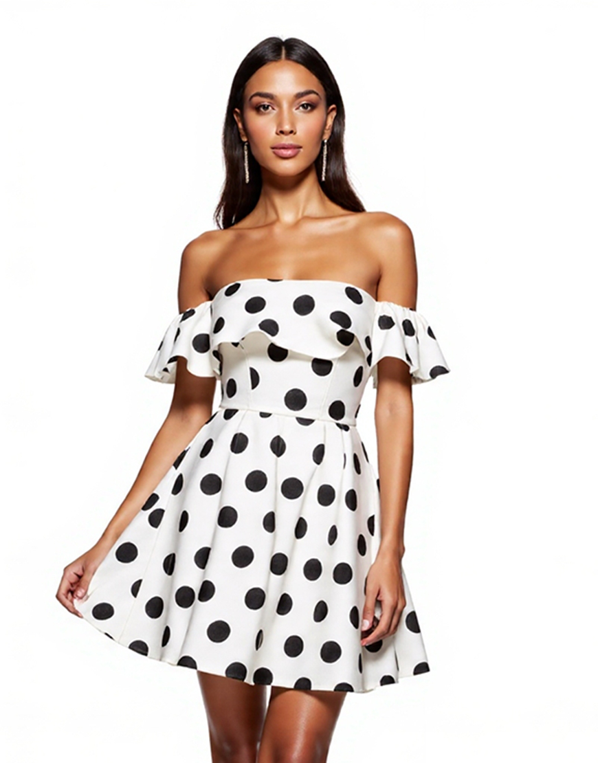 White and Black Off the Shoulder A Line Short Polka Dot Dress with Ruffles