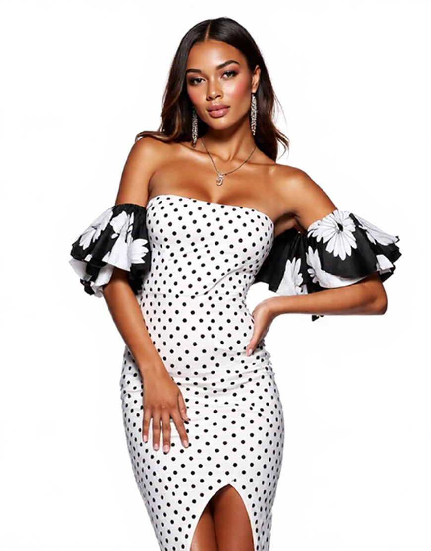 White and Black Tight Floral Midi Polka Dot Dress with Slit
