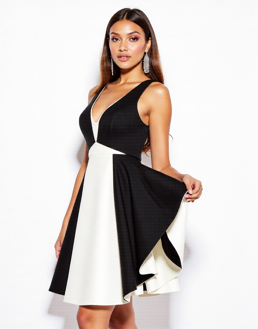 Simple Black and White V-Neck Patchwork A Line Short Cocktail Dress
