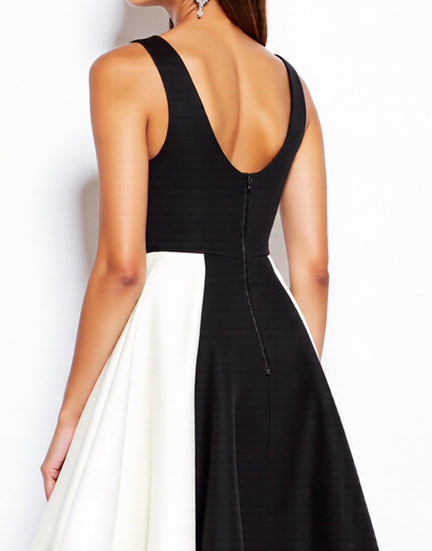 Simple Black and White V-Neck Patchwork A Line Short Cocktail Dress