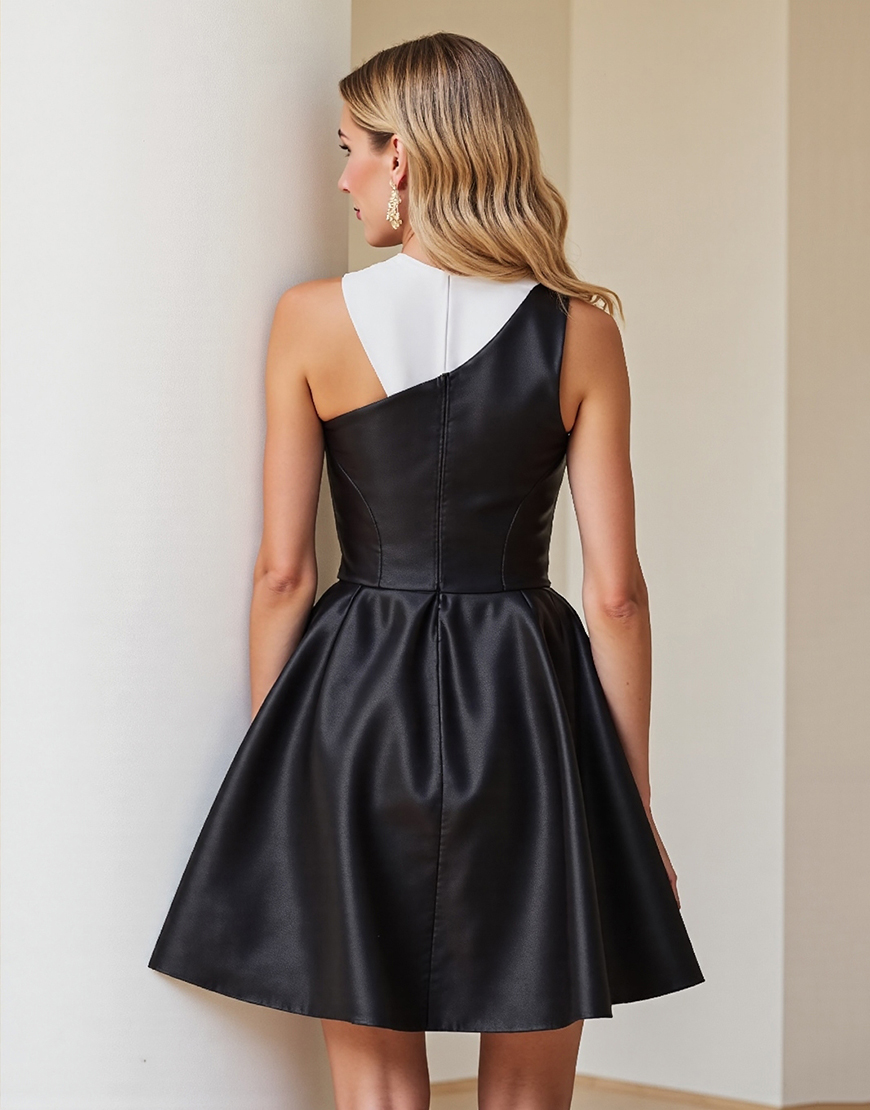 Simple Black and White Satin Patchwork A Line Short Cocktail Dress