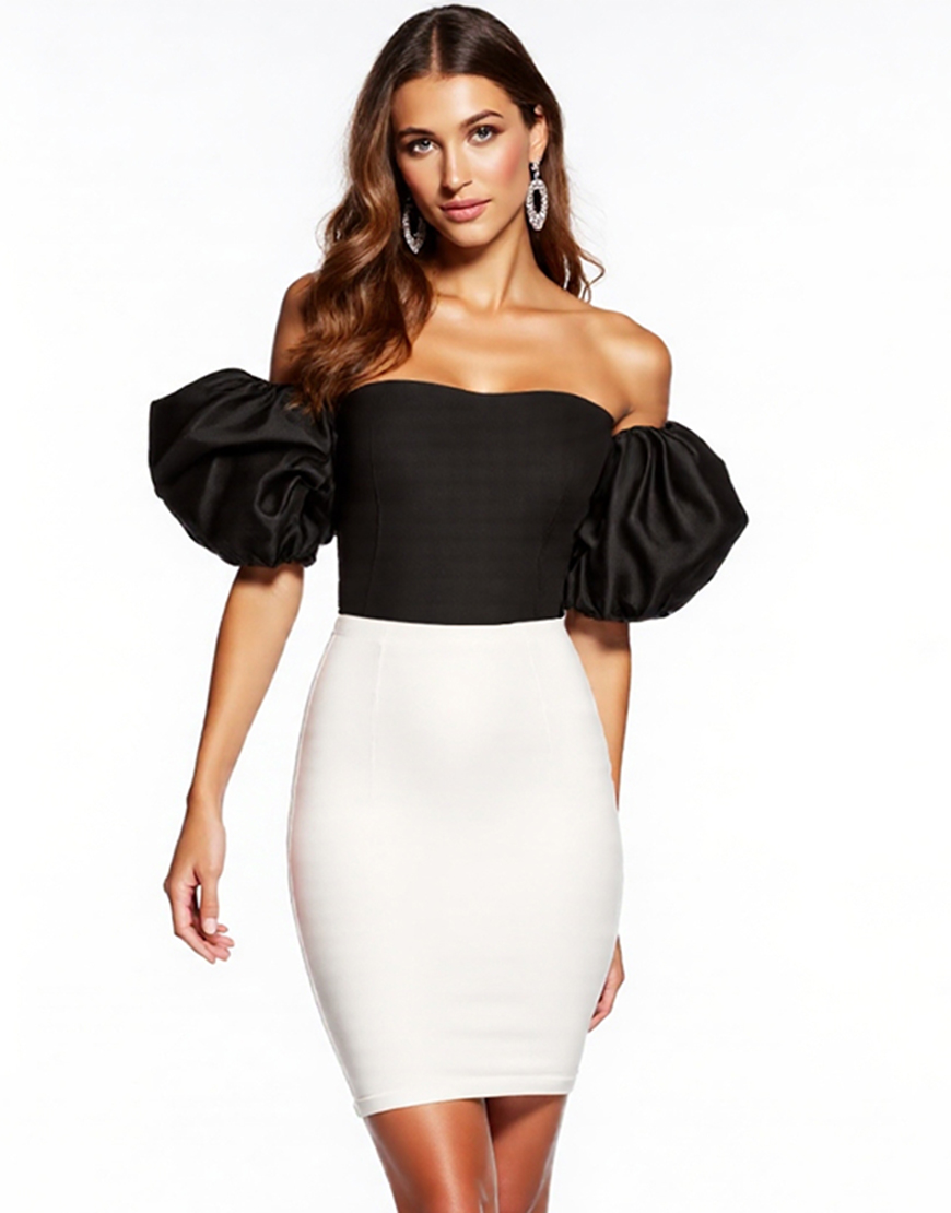 Black and White Patchwork Strapless Short Tight Cocktail Dress with Sleeves