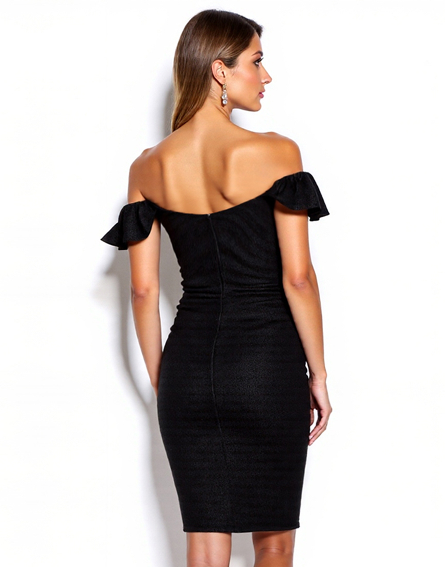 Black Satin Off the Shoulder Tight Cocktail Dress with Ruffles
